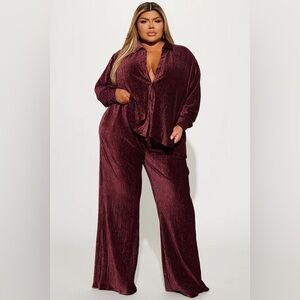 Jenelle Velvet Pretty Plisse Pant Set - Wine in plus size 1X